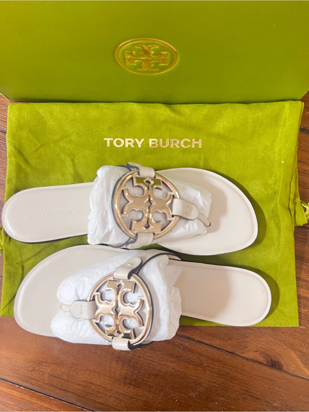Tory Burch  Metal Miller Ivory Leather Logo Thong Sandals with Gold Medallions